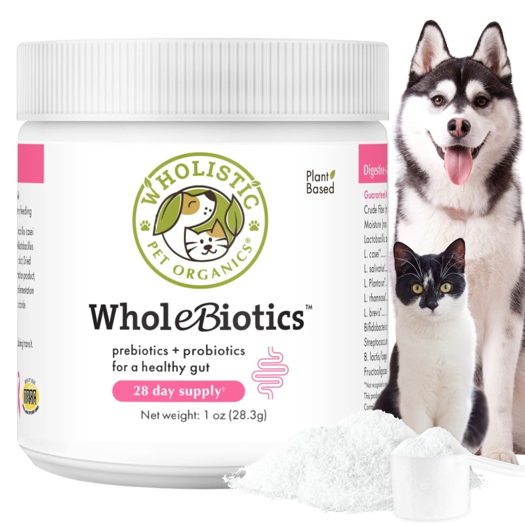 Wholistic Pet Organics WholeBiotics - Daily Dog Probiotics for Digestive Health Support & Immune Boost - 9 Strains - Prebiotika & Probiotika för hundar och katter - Gut Health för hundar - 1 Oz - 28 skopor