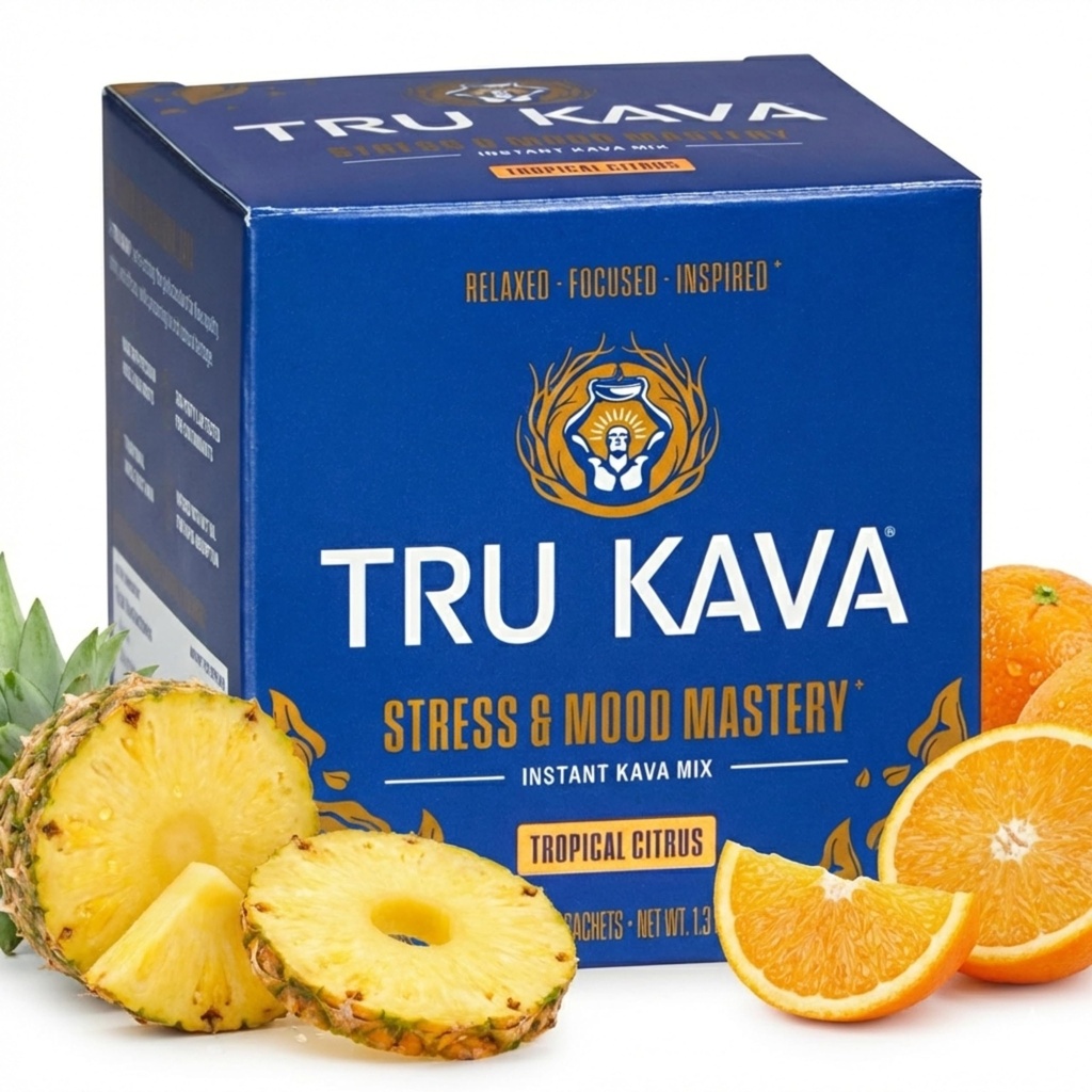 TRU KAVA Whole Root Kava Powder Drink Mix - Ceremonial Grade Noble Kava from Vanuatu, Instant Calm Focus & Social Ease, Kavalactone Rich, Non-Extract, Lab Tested - 12 Sachets