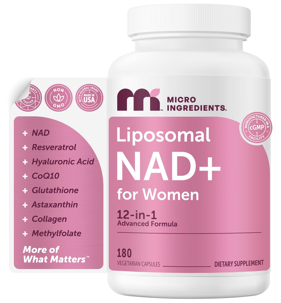 Micro Ingredients Liposomal NAD+ for Women Complex, 180 Veggie Capsules | NMN Pathway Supplement | 12-in-1 Advanced NAD Formula with Resveratrol, Hyaluronic Acid, Glutathione, & Collagen