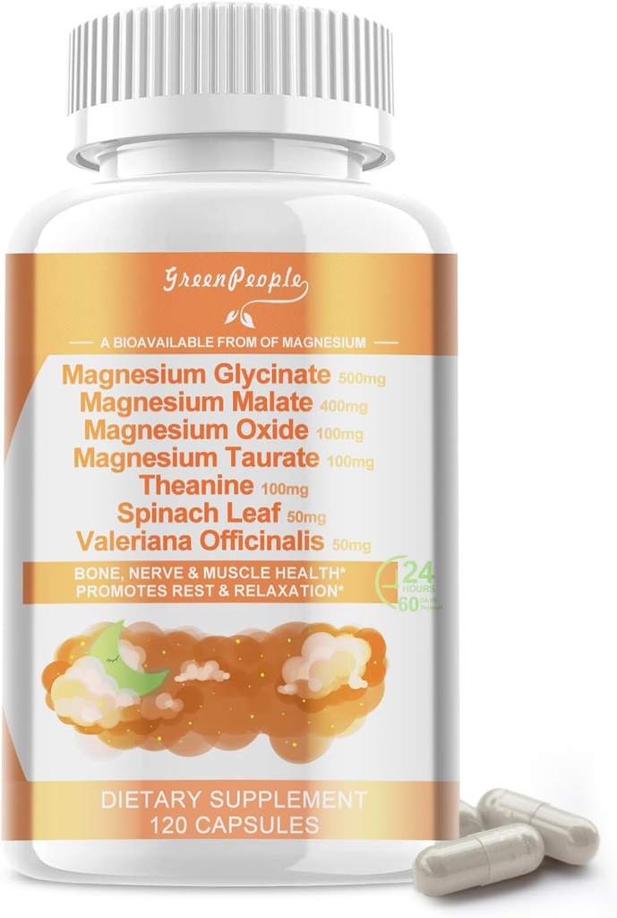 Magnesium Glycinate 500 mg per servering, med Malate, Taurate & Oxide, Magnesium Supplement för muskel, ben, sömn och matsmältningsstöd, 120 Vegan kapslar, icke-GMO