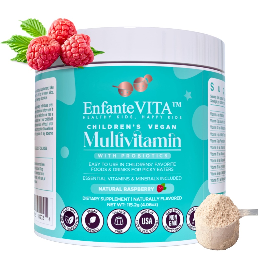 Allt i en barn vitaminer, 90 dagars leverans, pulver multivitamin med probiotika, immunstöd, gut hälsa, Vegan D3, sockerfri, icke GMO, naturlig smak, doktor formulerad, daglig näring