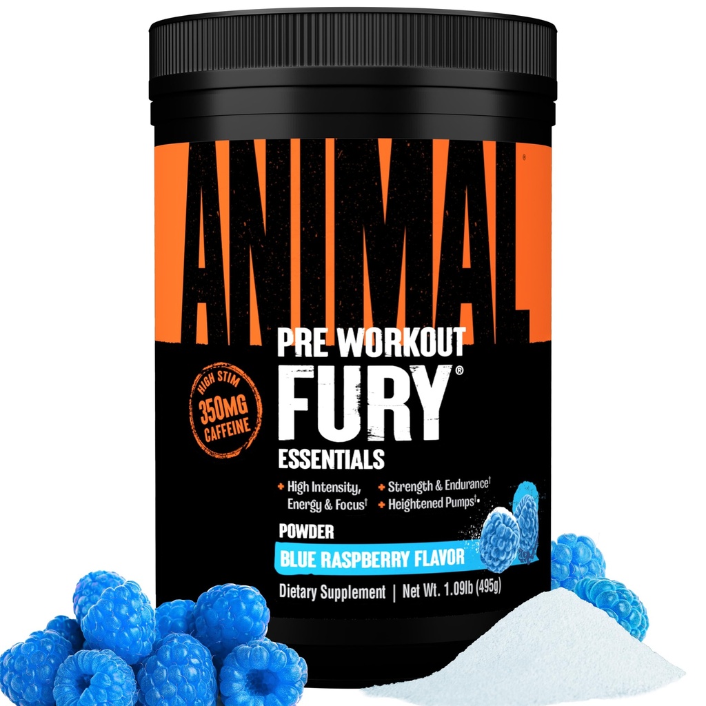 Animal Fury - Pre Workout Powder Supplement för energi och fokus - 5g BCAA, 350mg koffein kväveoxid utan kreatin - Kraftfull stimulans för kroppsbyggare - blå hallon