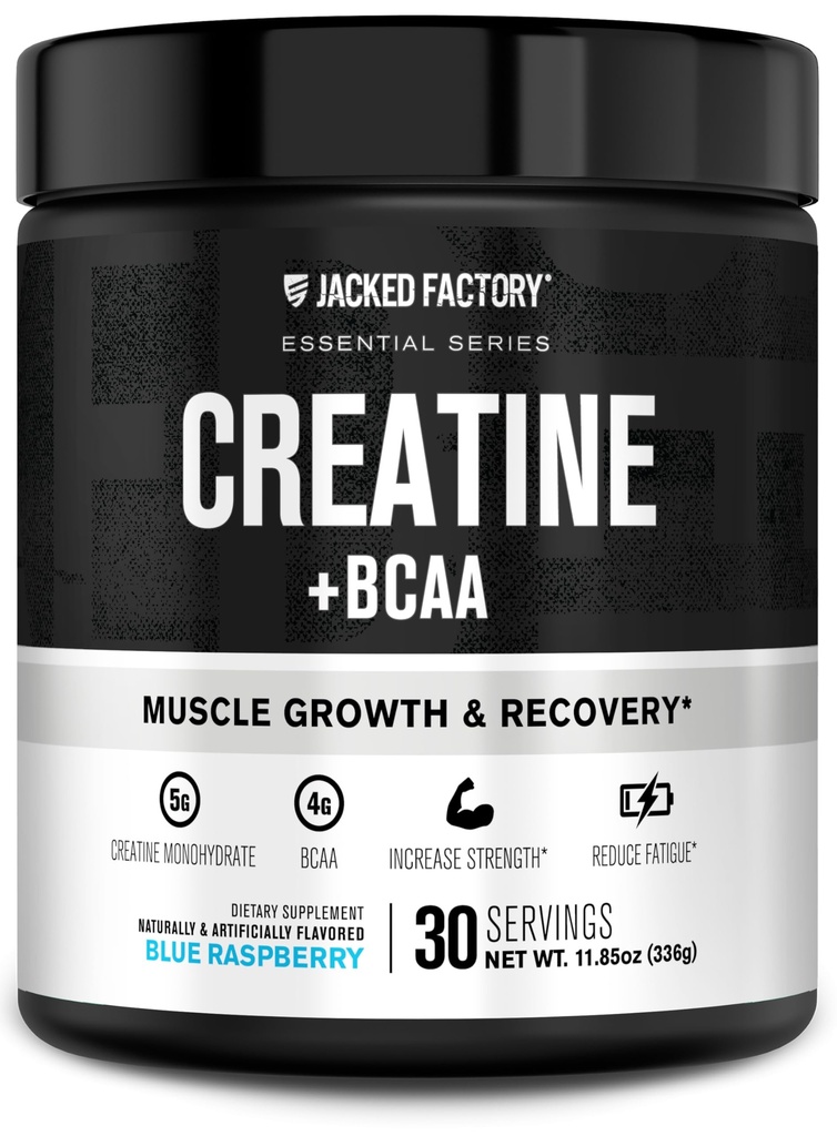 Jacked Factory Creatine + BCAAs - Kreatinmonohydrat + BCAA-pulver för ökad återhämtning efter träning, prestanda, muskeltillväxt och minskad trötthet - 30 portioner, blå hallon