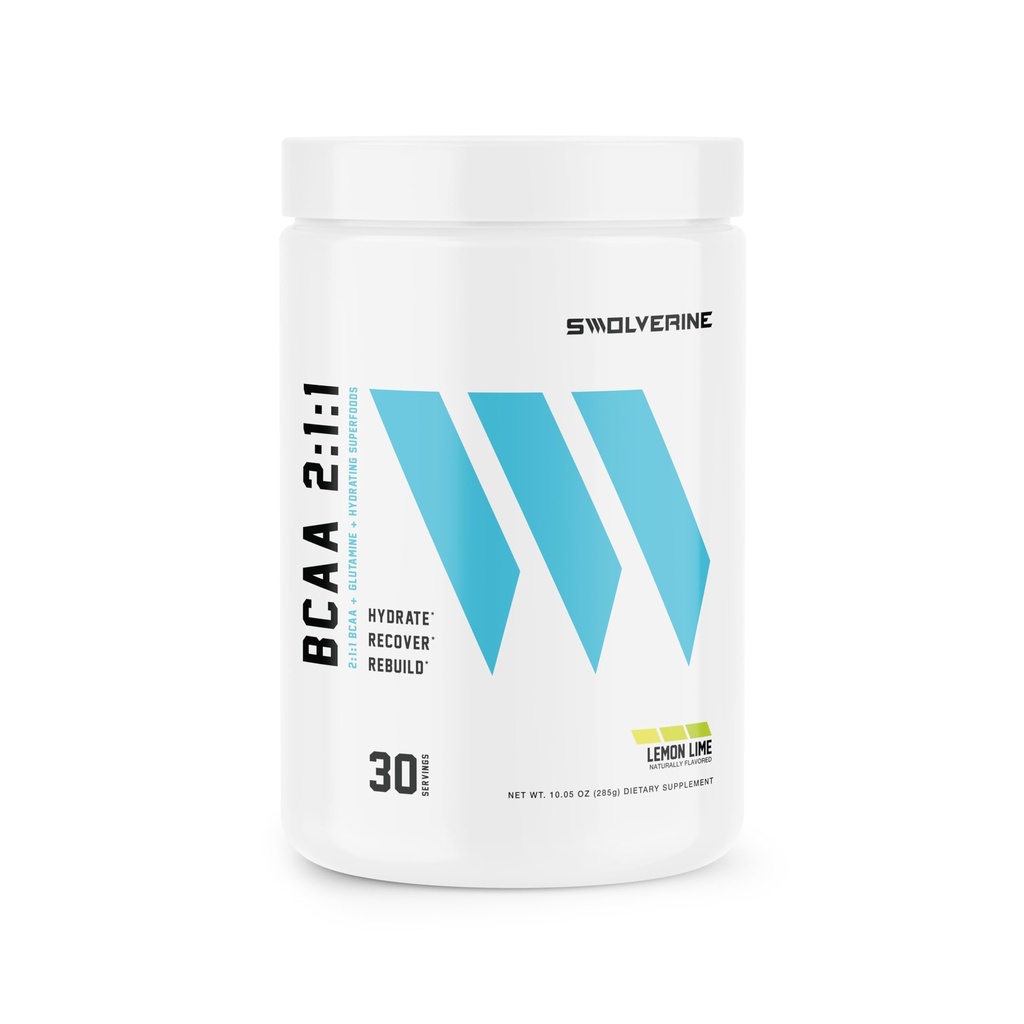 Swolverine BCAA Powder 2:1:1 with L-Glutamine & Electrolytes - Stimulant-Free Amino Acid Supplement for Muscle Recovery, Hydration & Endurance Support, 30 Servings, Lemon Lime