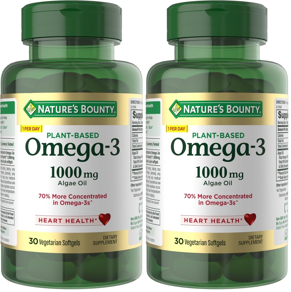 Naturens Bounty Omega 3, Plant-Based Omega 3 Fatty Acid Supplement, 520mg, stöder hel kroppshälsa inklusive hjärta, hud, gemensam, 30 vegetariska Softgels, fiskolja alternativ (Pack of 2)