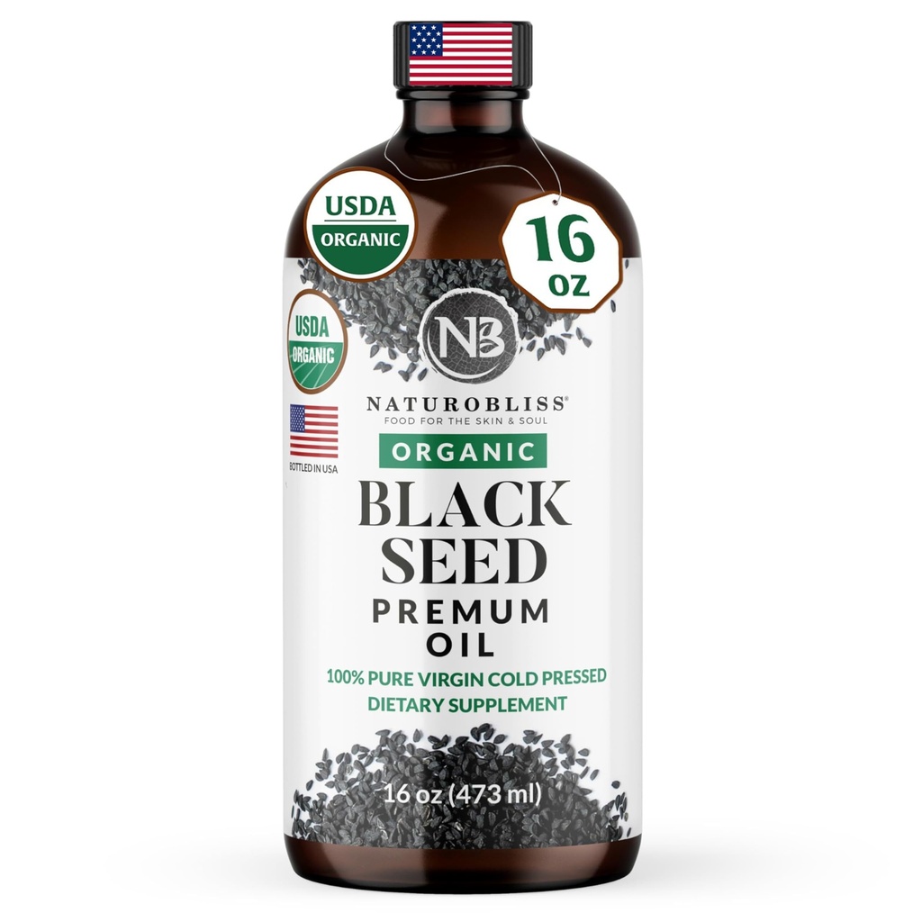 NaturoBliss Organic Black Seed Oil 100 Virgin Cold Pressad i Glass Bottle Omega 3 6 9 Super Antioxidant Immune Support Joints Mobility Digestion Hair Skin Vegan Gluten-Free NonGMO USDA Certifierad 16oz