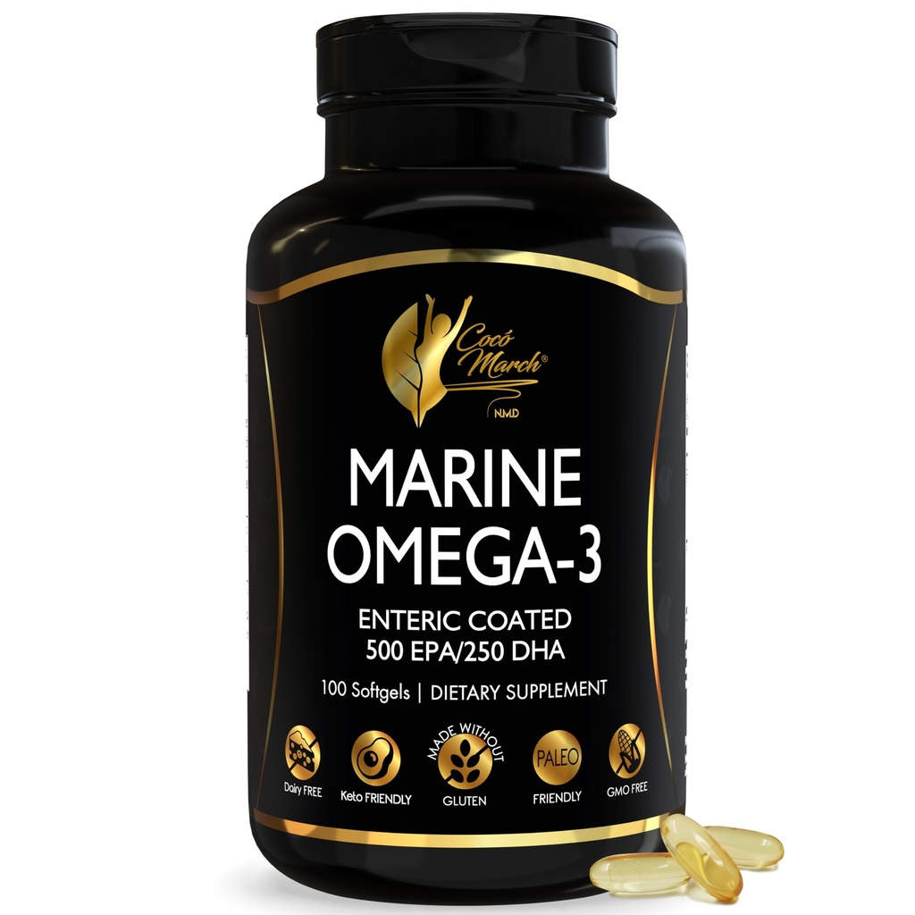 Cocó March N.M.D Marine Omega-3 Fish Oil - High Potency Omega 3 Supplement med 500 mg EPA & 250 mg DHA - Enteric Coated, No Fishy Burps & Aftertaste - Omega-3 Fish Oil för kvinnor och män, 3-månaders leverans