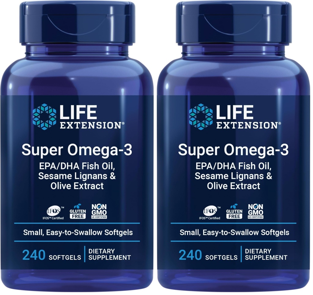 Life Extension Super Omega-3 EPA / DHA Fish Oil, Sesam Lignans & Olivextrakt - Hjärta, Hjärna, Inflammation Health Support, Gluten-Free, Lätt att Svälja, Non-GMO, 240 Softgels (Pack of 2)