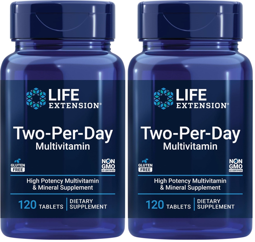 Life Extension Two-Per-Day High Potency Multi-Vitamin & Mineral Supplement - Vitaminer, mineraler, växtextrakt, Quercetin, 5-MTHF Folate & More - Gluten-Free - Non-GMO - 120 tabletter (Pack av 2)