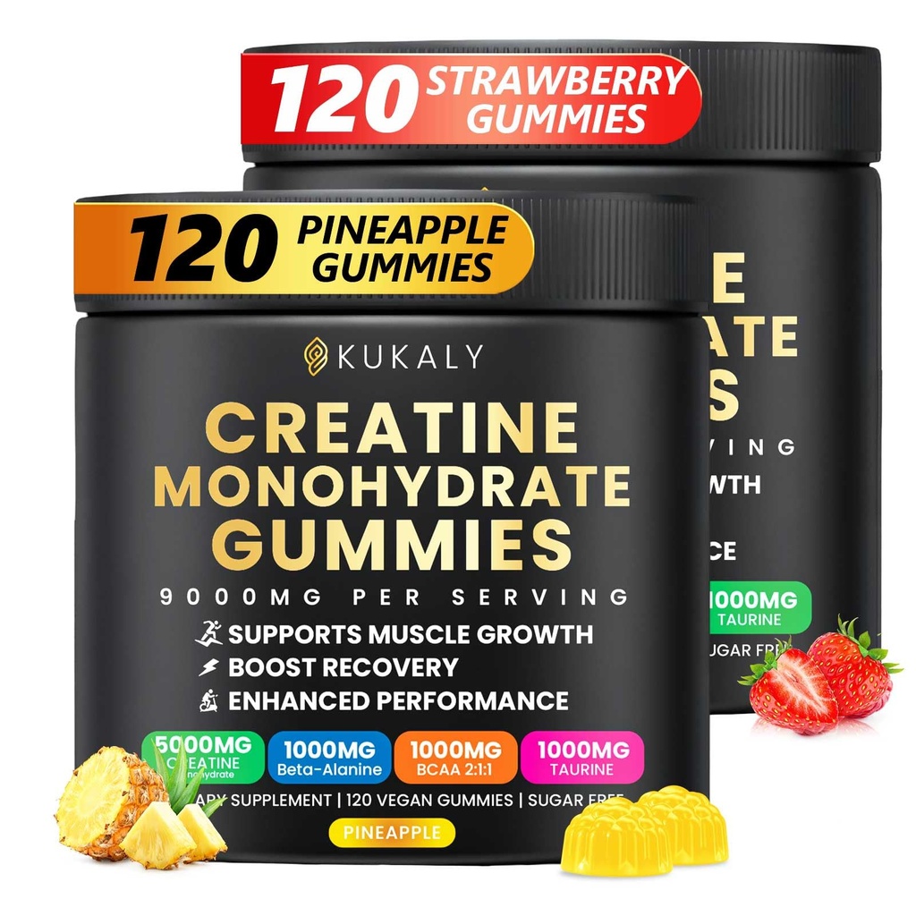 Kreatinmonohydrat Gummies för män och kvinnor, 9000MG Creatine Gummies Sugar Free -BCAA 2:1, B12 B6 för ökad styrka, fokus och uthållighet, Vegan, icke-GMO