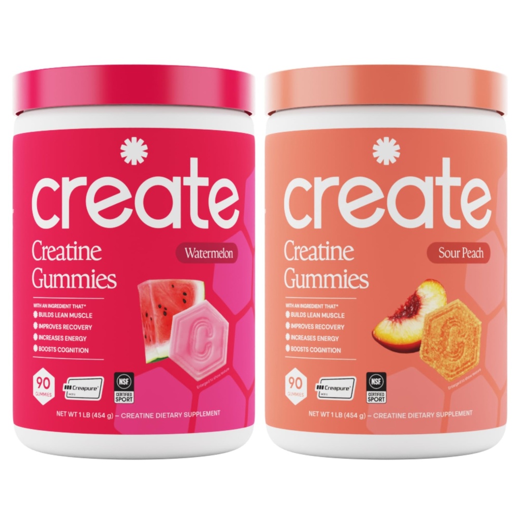 Skapa kreatinmonohydrat Gummies - Beach Day Duo - Sour Peach & Watermelon - Kreatin Gummies för kvinnor och män, NSF Certified, 3rd Party Tested, Anti-Melting Formel, 180 Count (2-Pack)