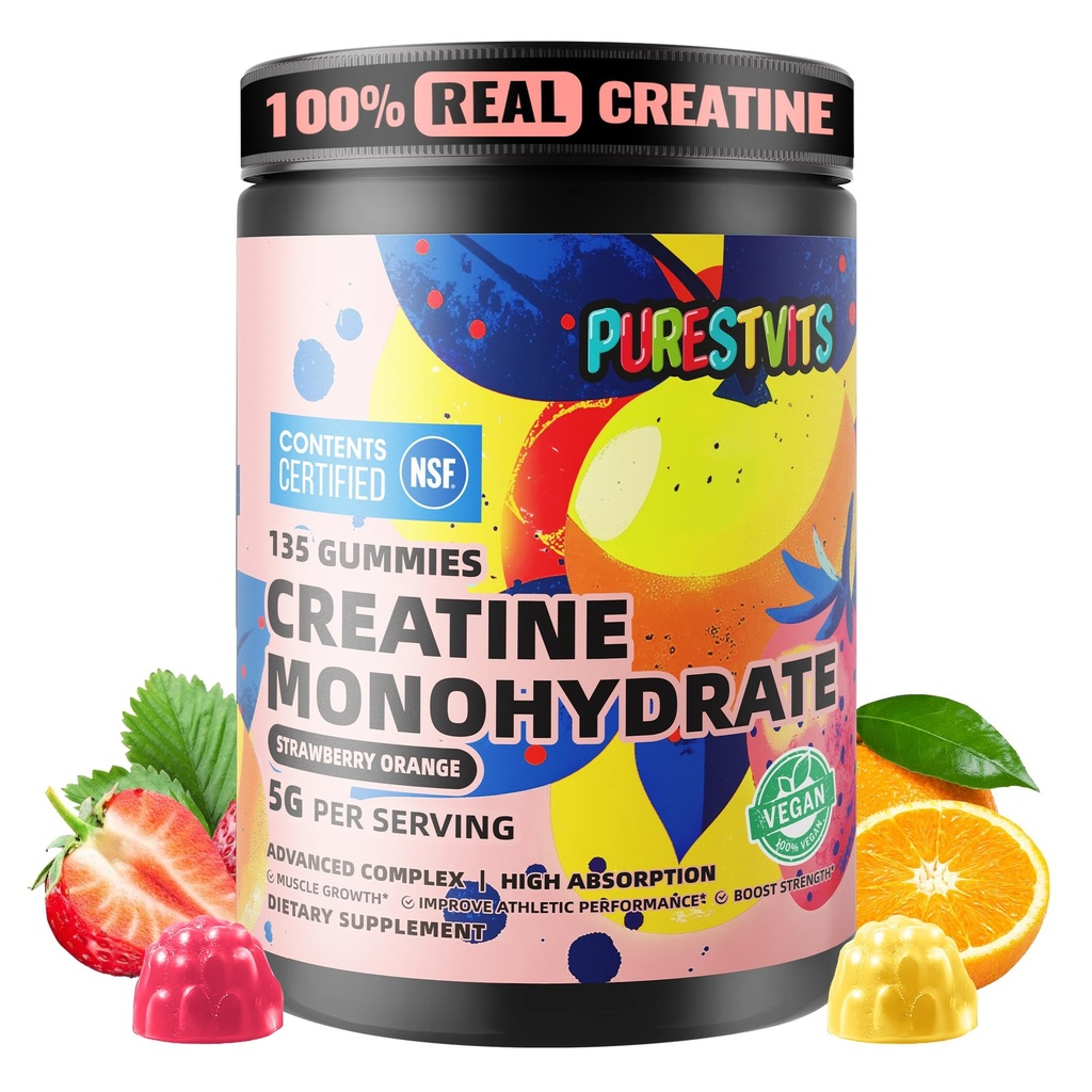 NSF Certified Creatine Gummy 5g - Kreatinmonohydrat Gummies - Pre-Workout Energy & Muscle Growth Support för män och kvinnor | Strawberry Orange Electrolyte Gummies (135 greve)