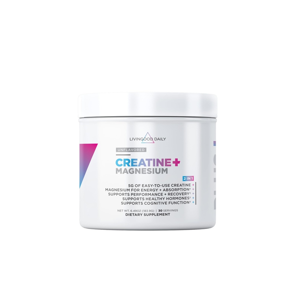 Livingood Daily Creatine + Magnesiumpulver, Unflavored | 5g Micronized Kreatinmonohydrat med Magnesium för energi, muskelåterställning och prestanda | 30 portioner