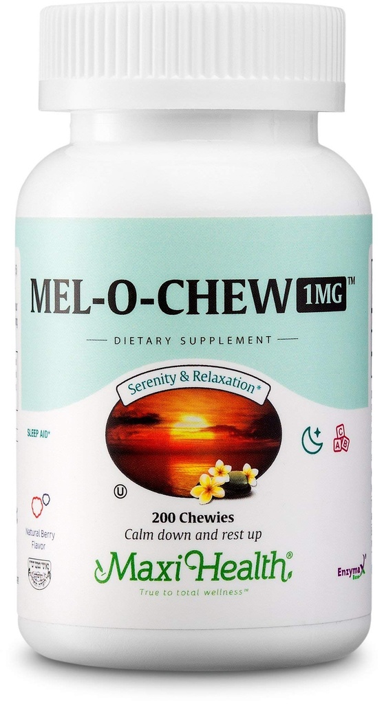 Maxi Health 1mg Melatonin Chewables - Vuxna & Kids Melatonin för att uppmuntra naturlig sömn - Icke-Habit Forming Kosher Sleep Supplement med Enzymax för snabbverkande stöd (200 enheter)
