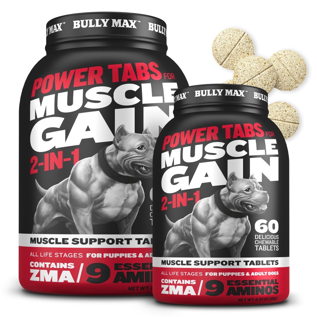 Bully Max 2-i-1 Muscle Builder Chewable Tablets för valpar och vuxna hundar - Dog Vitaminer & Kosttillskott för muskelvinst och tillväxt - Canine Puppy Multivitaminer för alla raser och åldrar - 60 flikar (2 flaskor)