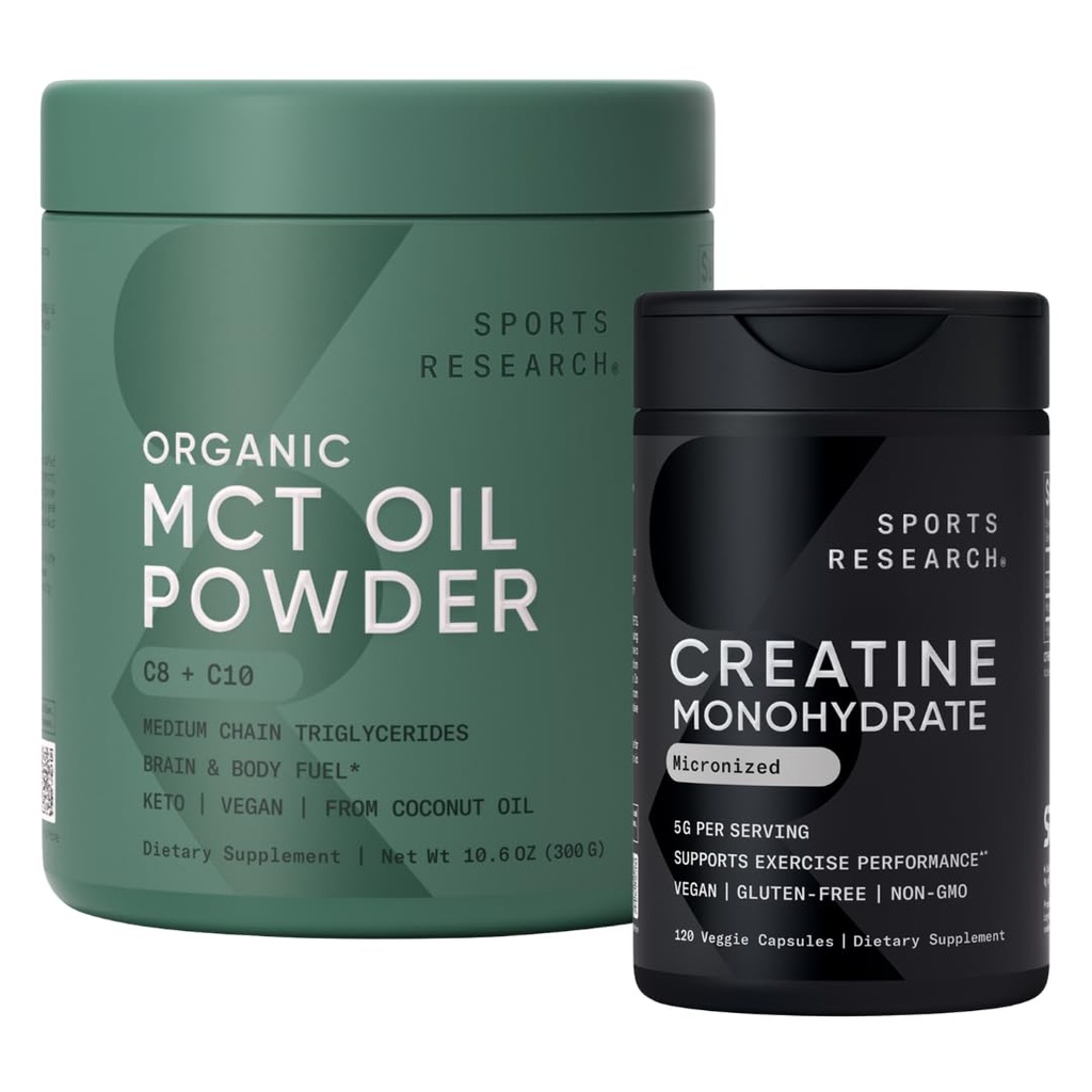 Sports Research® Keto Pack med kreatinmonohydratkapslar och organisk MCT Oil Powder - Keto & Vegan MCTs C8, C10 från Coconuts