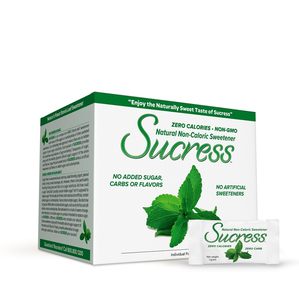 ANDREW LESSMAN Sucress Stevia Sweetener 100 Packets - Natural Non-Caloric Stevia Leaf Sweetener, Zero Calories, Non-GMO, No Added Sugar, Carbohydrates or Flavors, No Artificial Sweeteners.