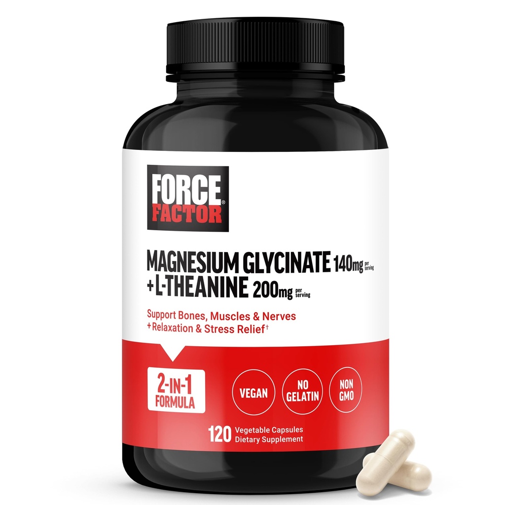 Force Factor Magnesium + L-Theanine, Magnesium Bisglycinate Supplement för att stödja ben, muskler, nerver, avkoppling och humör, Vegan, No Gelatin, Non-GMO, 120 Vegetabiliska kapslar