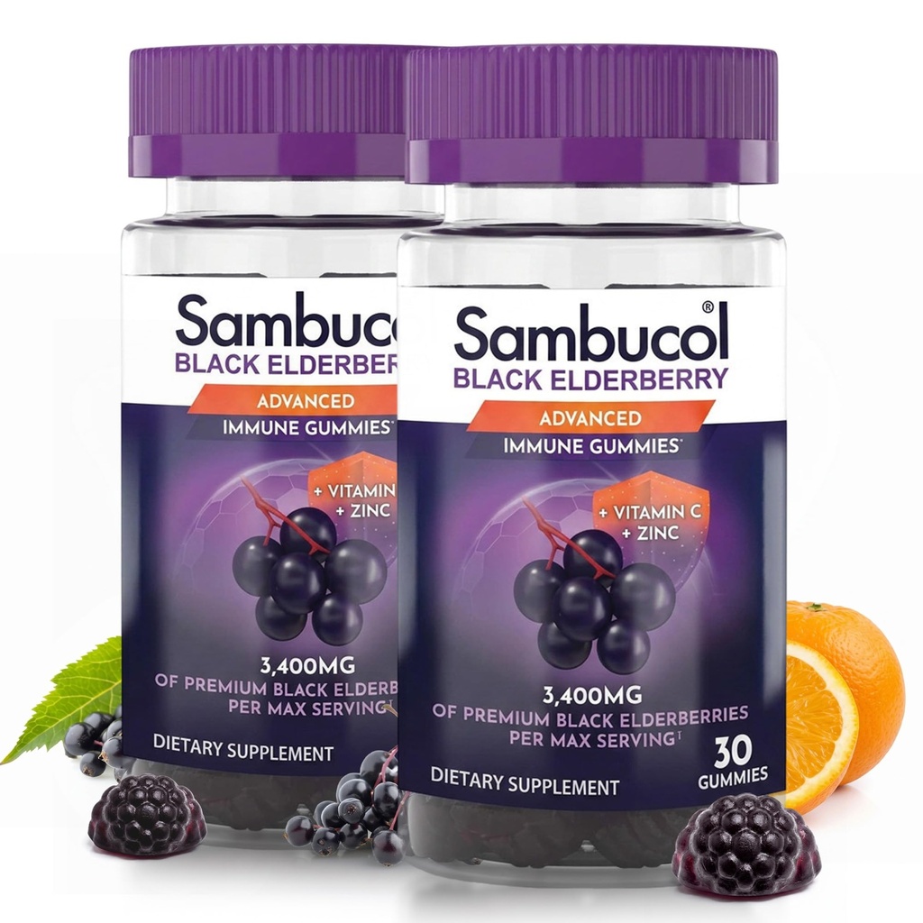 Sambucol Black Elderberry Gummies med vitamin C & Zink - Sambucus Elderberry Gummies för immunstöd, höga antioxidanter, Gluten Free, Vegan, Elderberry med Zink & Vitamin C - 30 greve, 2 Pack