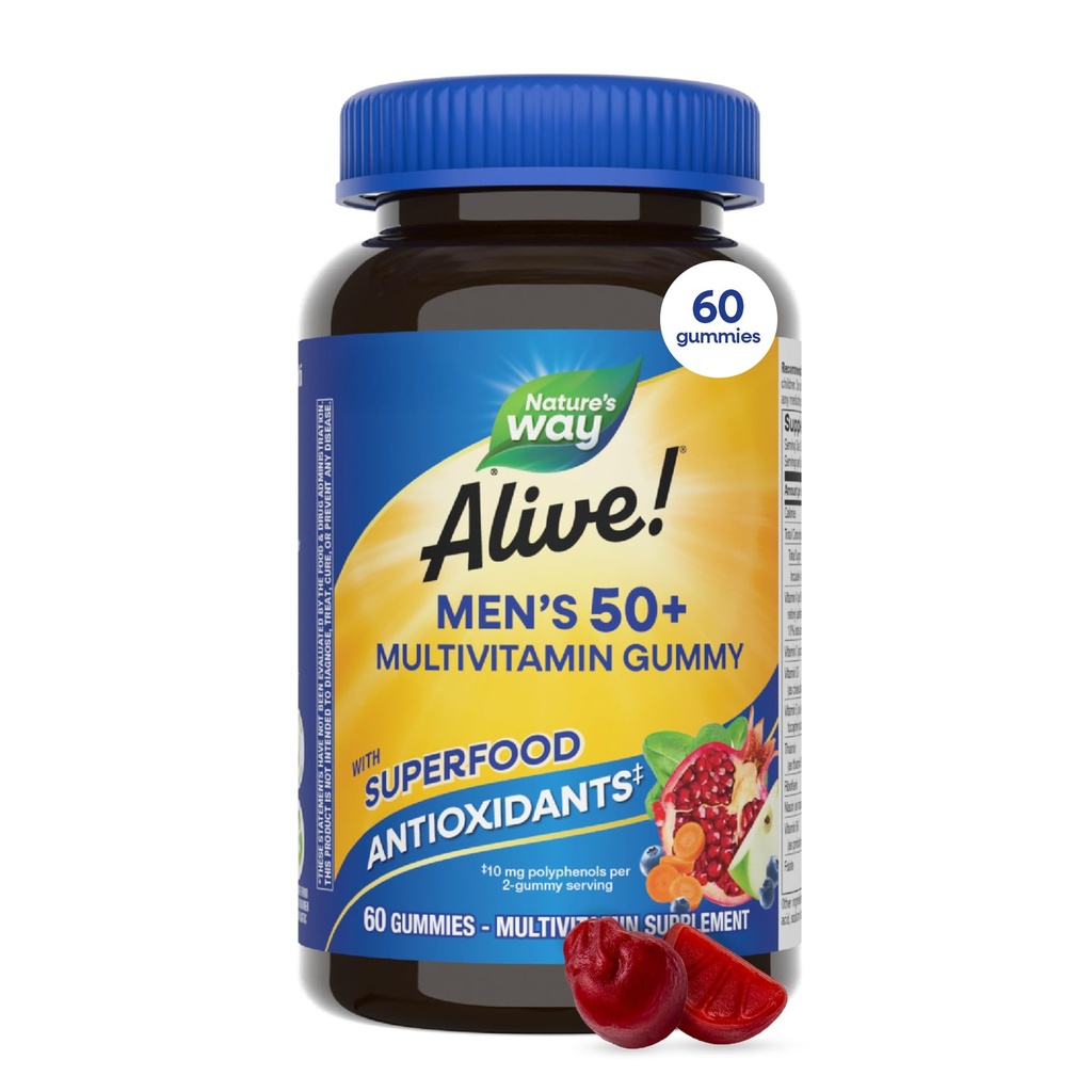 Naturens väg levande! Mäns 50 Plus Multivitamin Gummy, Dagliga Tuggbara Multivitaminer för Män med B-Vitaminer, Vitamin D3 & Zink, Stöder Hjärta, Eye & Energi Metabolism, * Fruit-Flavored, 60 Gummies