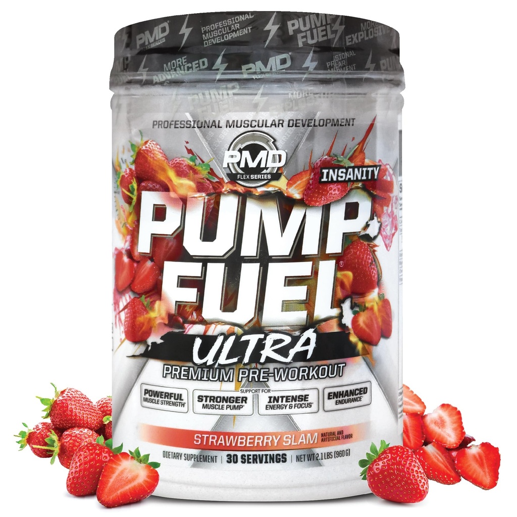 PMD Sport Pump Fuel Ultra Insanity - Premium Pre Workout Powder & Muscle Pump, större fokus, uthållighet och återhämtning, Premium Creatine, Arginine & Beta Alanine - Strawberry Slam (30 portioner)