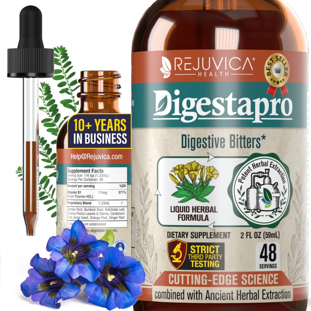 Rejuvica Health DigestaPro - Advanced Digestive Bitters Supplement - Liquid Delivery för bättre Absorption - Gentian, Artichoke, Burdock, Chanca Piedra, Ginger & More!