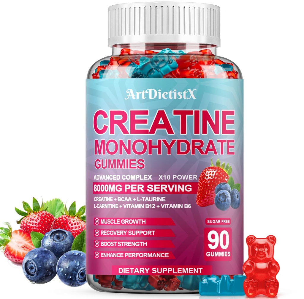 Kreatin Monohydrat 8000mg Gummies med BCAA, L-Carnitine, Taurine & Vitamin B12 - Pre Workout Supplement för muskeltillväxt, styrka och energi, Multi-Flavor Chewable Gummies, 90 greve för män och kvinnor