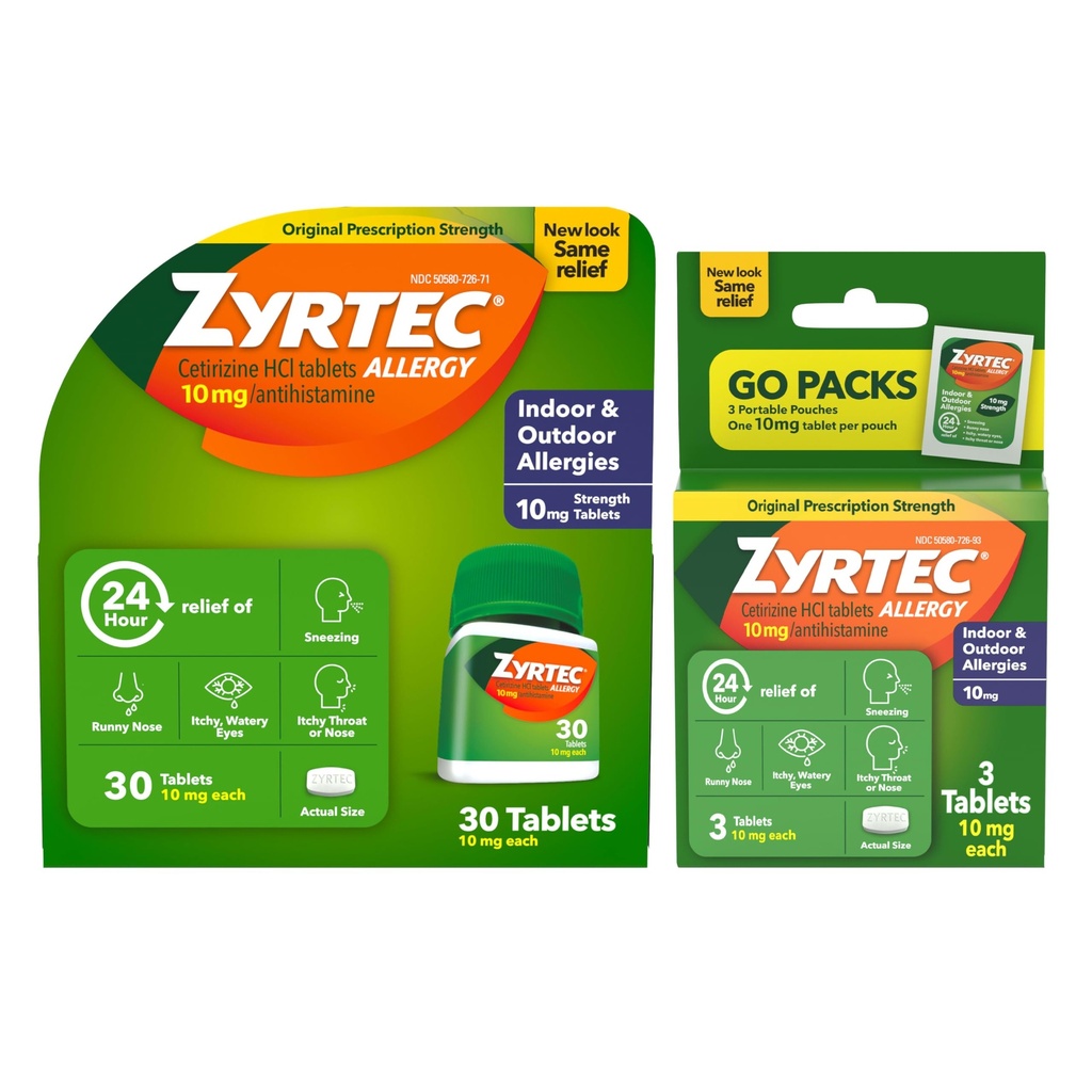 Zyrtec 24 Hour Allergy Relief Tablets, Fast-Acting Allergy Medicine for Indoor & Outdoor Allergies, Cetirizine 10 mg Tablet Antihistamine, 30 ct Bottle & 3 Single-Dose Travel Packs Bundle Pack