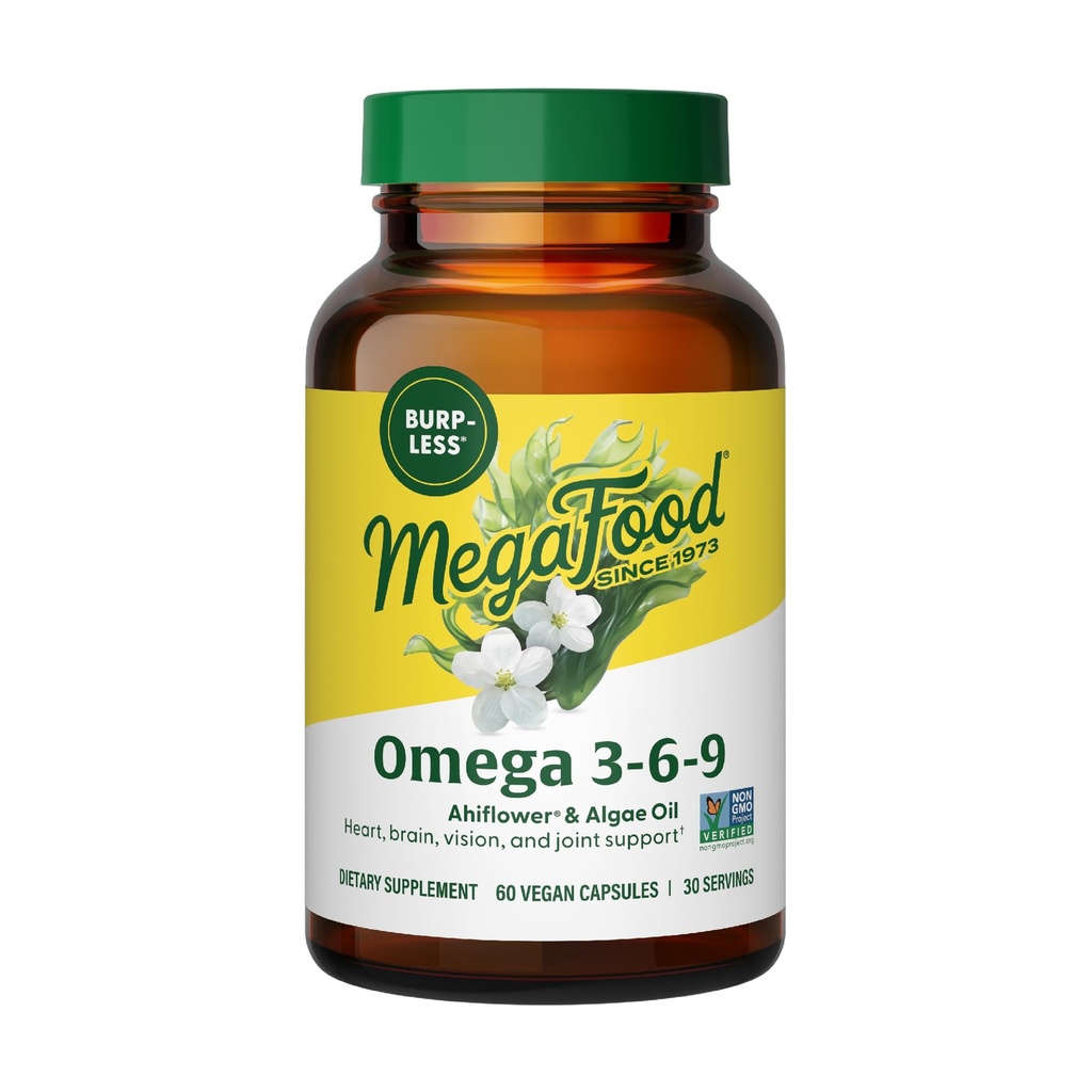 MegaFood Vegan Omega 3 6 9 - Burp-Less Supplement - 600 mg Plant-Based Omega 3 & 150 mg DHA Per Servering - Hjärta, Hjärna, Vision & Joint Support - Fiskolja Alternativ - 60 kapslar, 30 portioner
