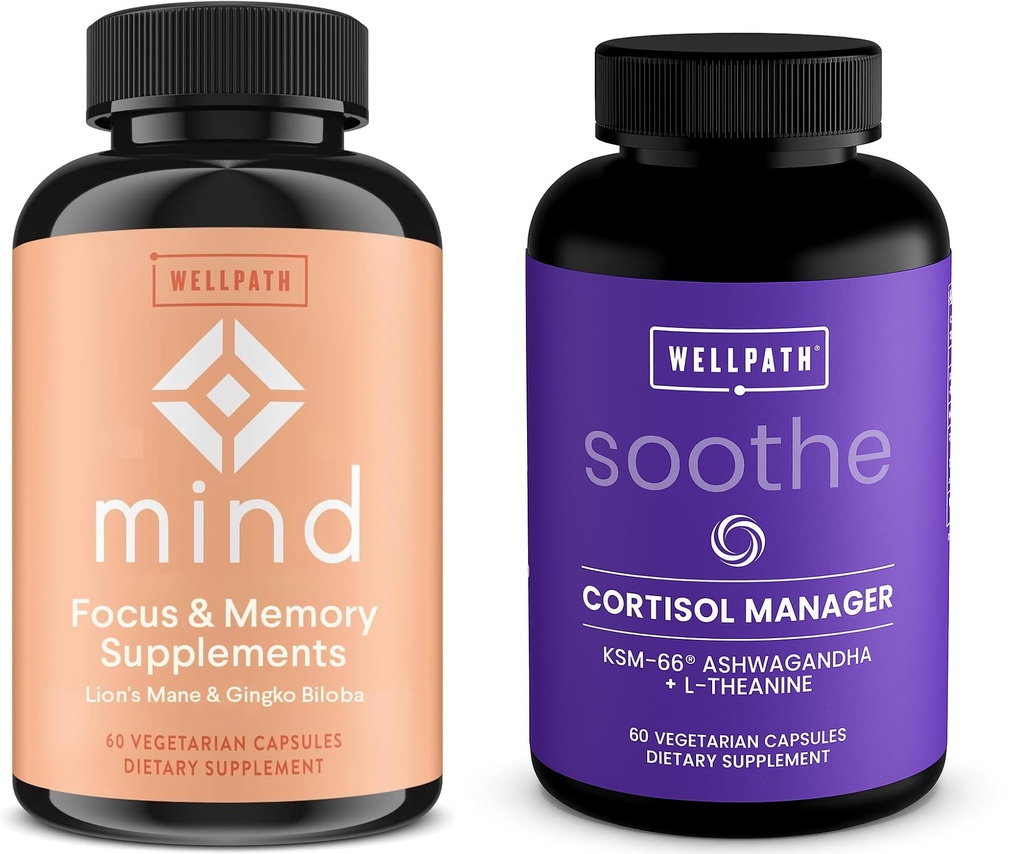 WellPath Mind Brain Supplement för minne och fokus med Lion's Mane och Soothe Cortisol Manager med KSM-66® Ashwagandha & L-Theanine