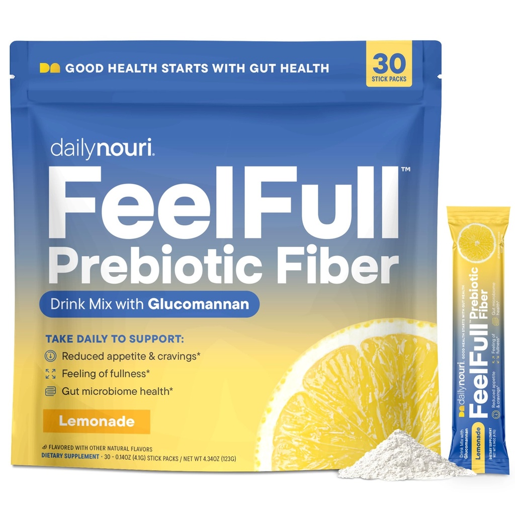 Daily Nouri FeelFull Prebiotic Fiber Drink Mix | Stöder Natural Fullness, Appetite & Cravings Control, Gut & Metabolic Health | Oligofruktos, Glucomannan & Chromium | 30 Stick Packs