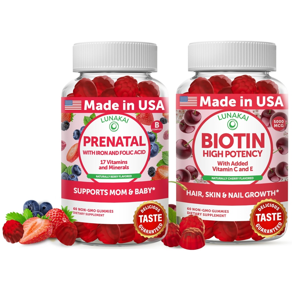 Lunakai Prenatal och Biotin Gummies Bundle - Graviditet Multivitamin Gummy med järn och folsyra - Hair Skin och Nails Growth Supplement med vitamin C och E - 30 Days Supply