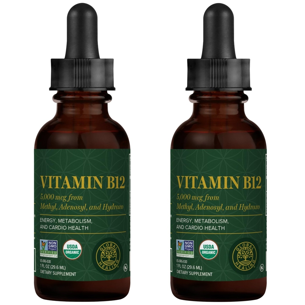Global Healing Center - Vitamin B12 5000 mcg, Organic Sublingual Liquid Drops | 3-i-1 Methylcobalamin, Adenosylcobalamin, Hydroxo Blend, 1 Fl Oz (2-Pack)