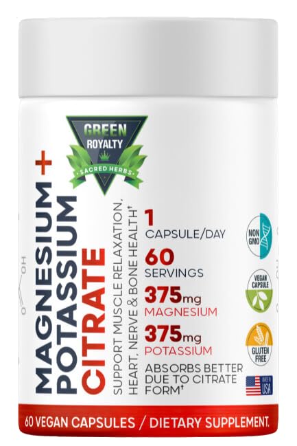 Magnesium Citrate + Potassium 60 Premium Vegan Capsules(Citrate 375 mg) + (375mg Potassium) Non GMO, Gluten Free - High Absorption Supplement Made in USA