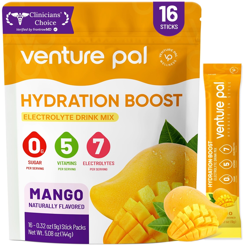 Venture Pal Sugar Free Electrolyte Powder Packets - Liquid Daily IV Hydration Packets | Electrolytes Drink Mix med 5 Vitaminer & 7 Electrolytes | Keto Friendly | Non-GMO | Certified Vegan | 16 Sticks
