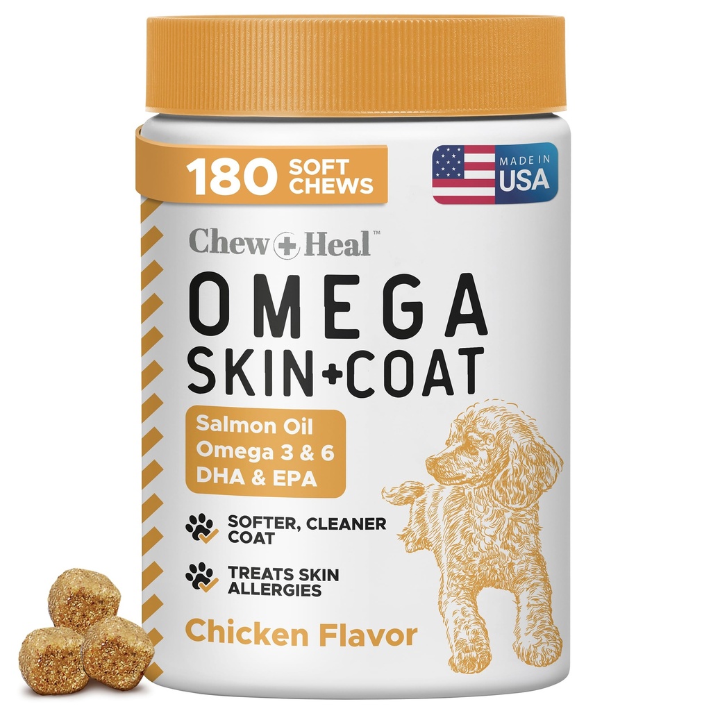 Laxolja för hundar - 180 mjuka Chew Omega Behandlingar för hud och rock - Fiskolja Blend av väsentliga fettsyror, Omega 3 och 6, vitaminer, antioxidanter och mineraler - Tillverkad i USA