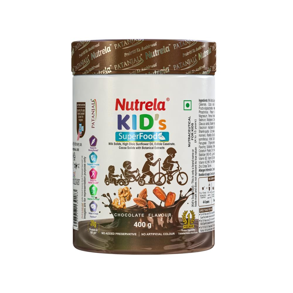 Nutrela Kids Proteinpulver, Choklad smak, 400 g, minne och hjärnutveckling, muskelmassa, ben och tänder styrka
