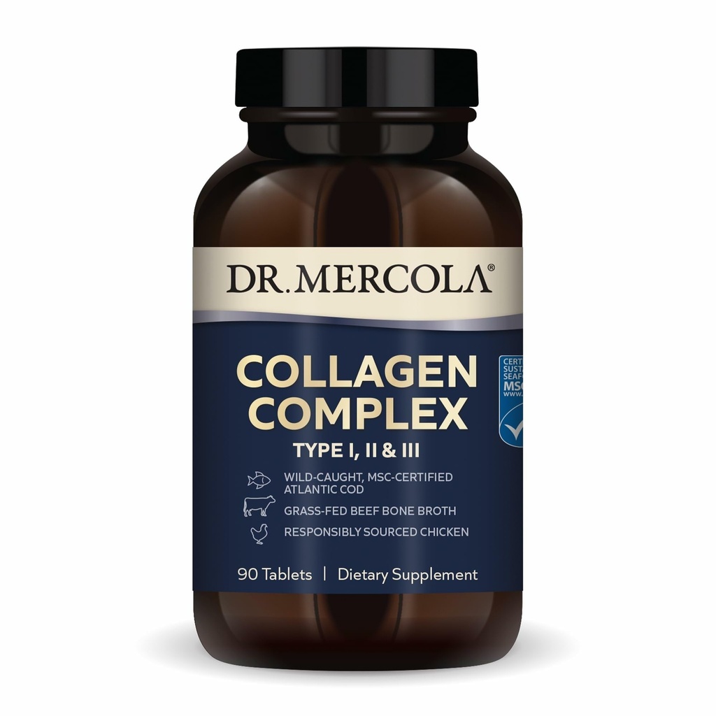 Dr Mercola Collagen Complex - Stöder Hud & Connective Tissue - Typ I, II & III Collagen - Icke-GMO, Gluten-Free & Soy-Free - 90 tabletter (30 portioner)