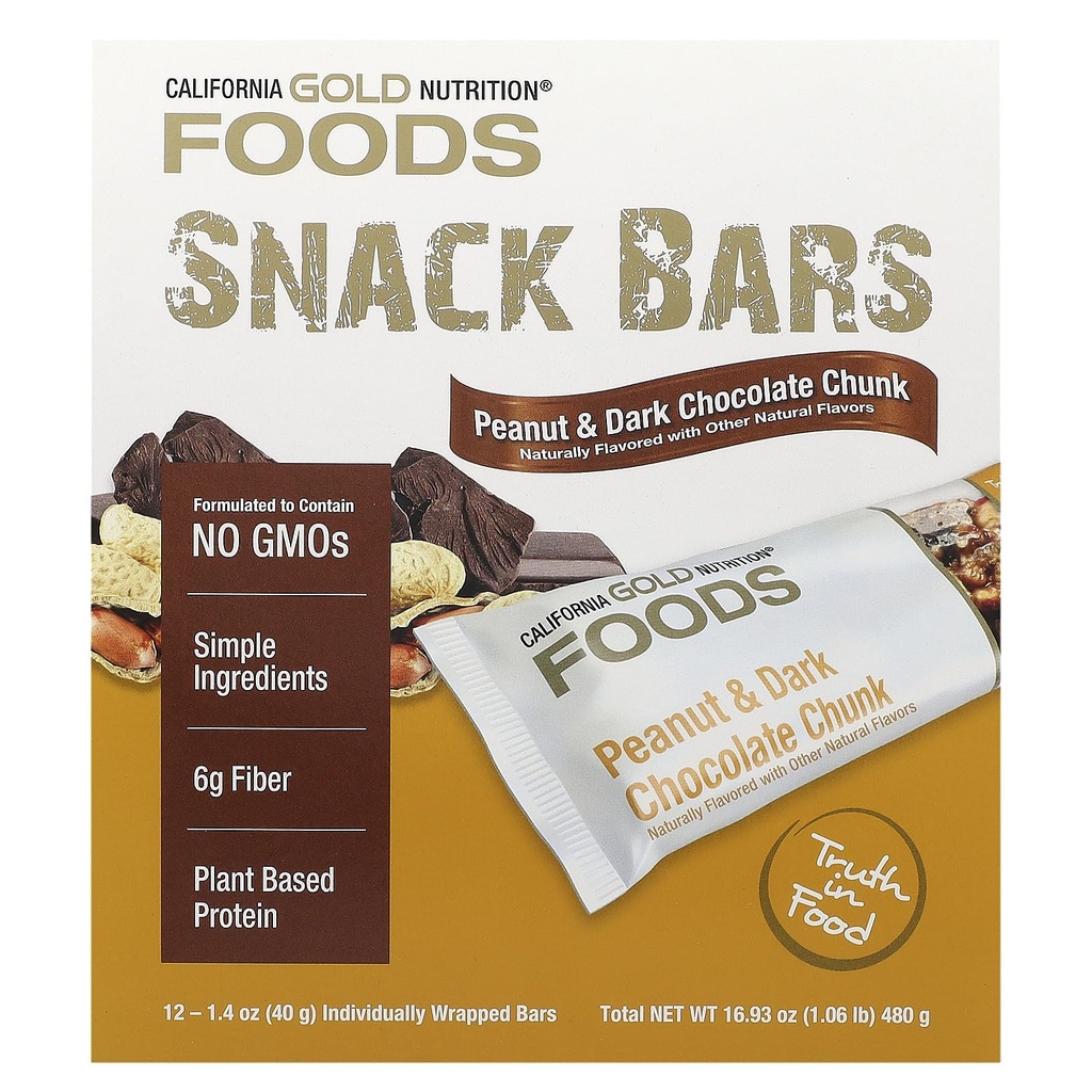 Kalifornien Gold Nutrition Foods, Peanut & Dark Chocolate Chunk Bars med torra rostade mandel, Chicory Root Fiber, Pea Crisps och Honey, 12 barer, 1,4 uns (40 g) Varje