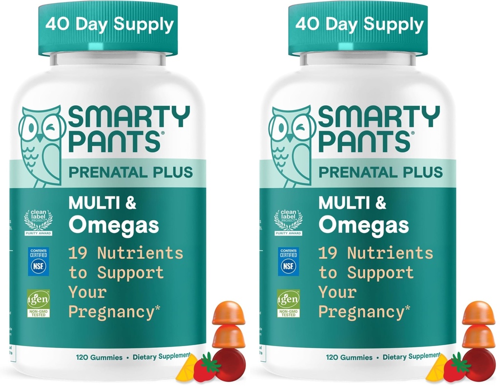 SmartyPants Prenatal Multivitamin Gummies, Omega 3 (DHA/EPA), Methylfolate, Biotin, Vitamin D3, C, Vitamin B12, B6, A, K & Zink, Gluten Free, 120 Count (40 Day Supply) (Pack of 2)