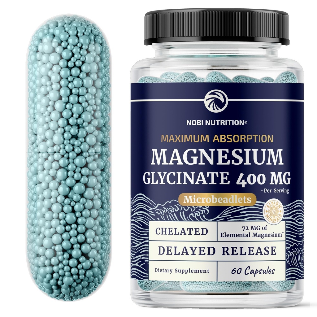 Magnesium Glycinate 400mg | Hög Absorption Magnesium för sömn, lugn, muskelavkoppling, hjärta, ben och nervstöd för kvinnor och män | Avancerade mikrobeadlets | Chelated Mag Glycinate | 60 Ct.