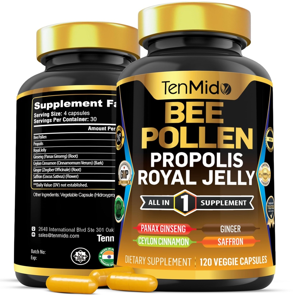 Bee Pollen Capsules Supplement - 7in1 Formel - Kombinera med Propolis, Royal Jelly, Panax Ginseng, Ceylon Cinnamon, Ginger och Saffron - Digestive Health, Immune Support - 120 kapslar