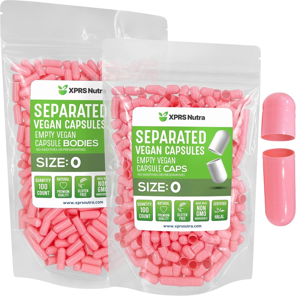 XPRS Nutra Vegan Size 0 Separerade kapslar - 100 greve Premium Empty Capsules Separerade i väskor - Pills 0 Empty för DIY Supplement Filling (rosa)