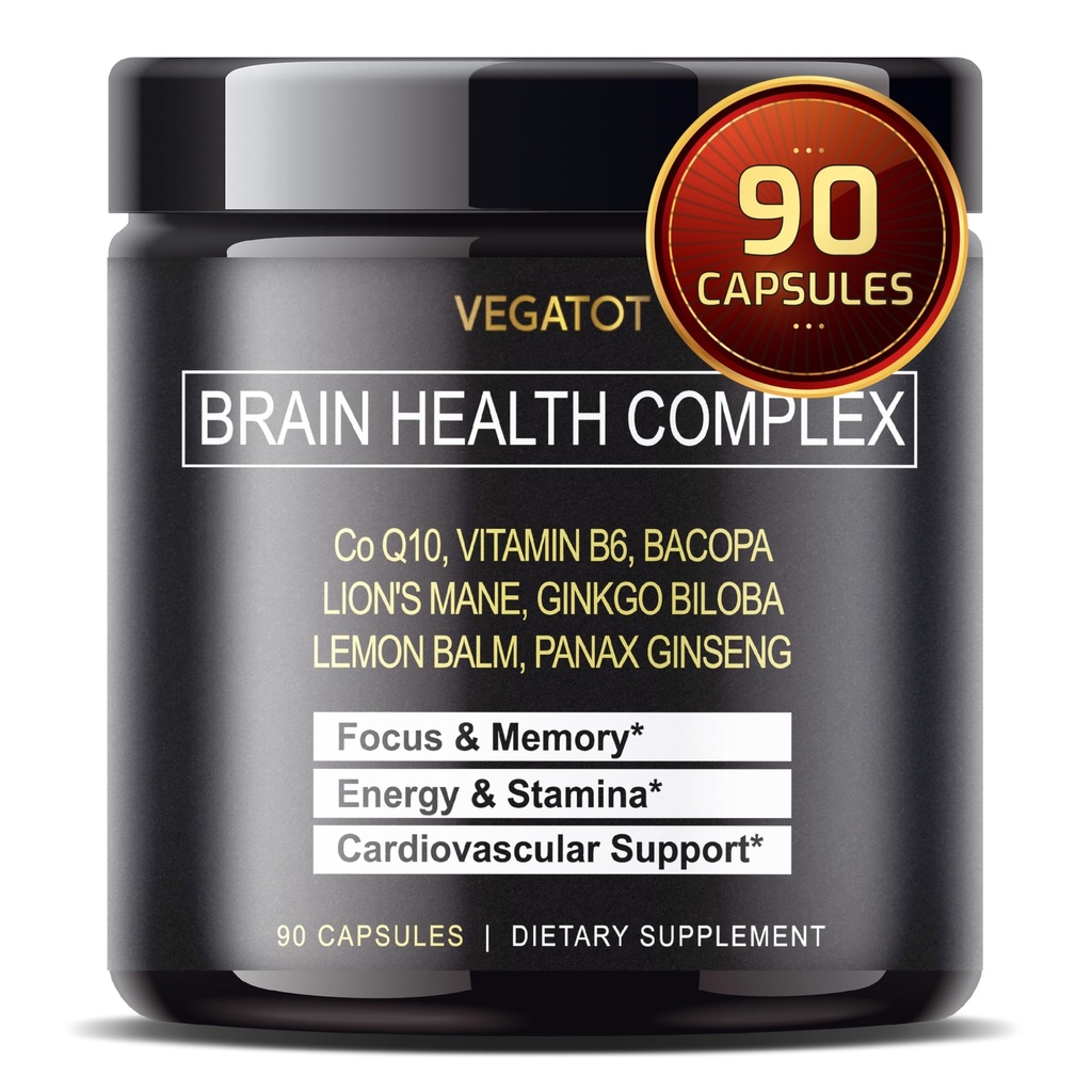 VEGATOT Brain Booster Brain Health Complex Supplement koncentrerat med CoQ-10 VIT B6 Lion Mane Ginkgo Biloba Lemon Balm Ginseng - Focus Memory Energy