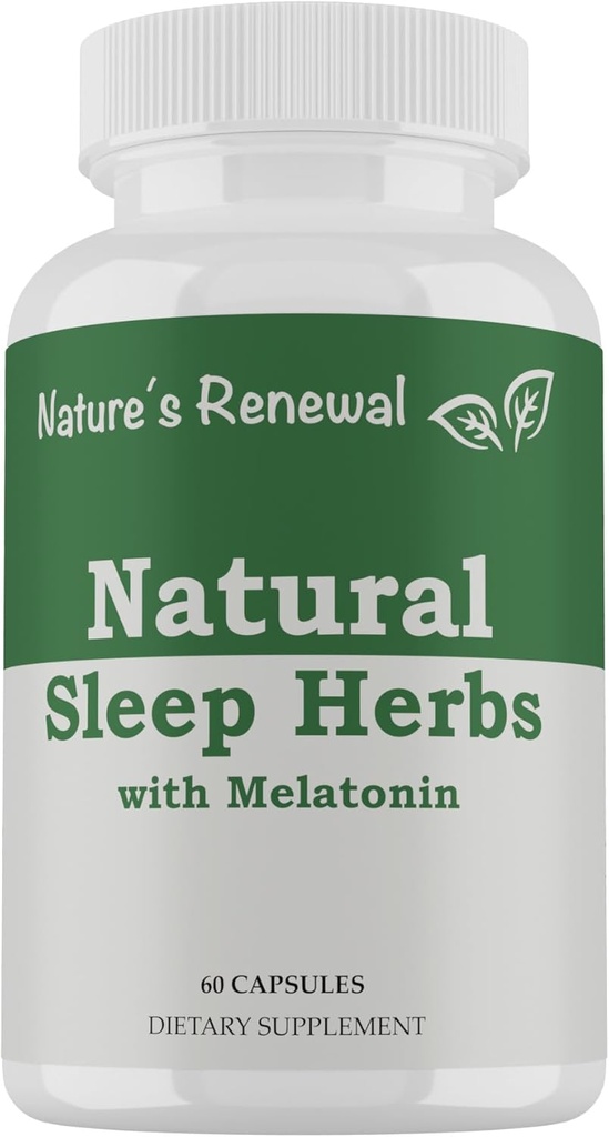 Naturens förnyelse naturliga sömntillägg - Melatonin, Valerian Root, Ashwagandha, Magnesium, Chamomile, Nighttime Homeopathic Herbal Sleeping Aid för vuxna - 60 kapslar