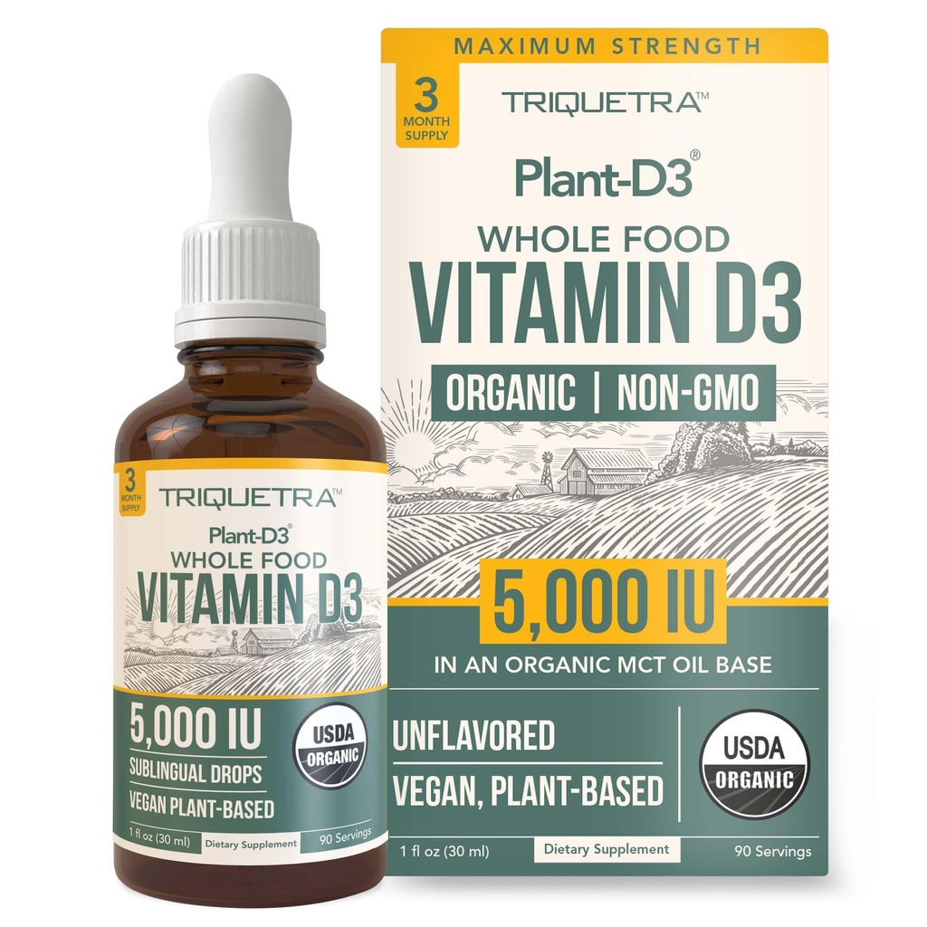 Plant-D3 Organic Vitamin D3 5000 IE - Vegan, Max Strength Sublingual Liquid D3 Drops - 200% Högre Absorption - 100% Plant-Based Cholecalciferol Form - Justerbar dosering för alla åldrar (1oz Liquid)