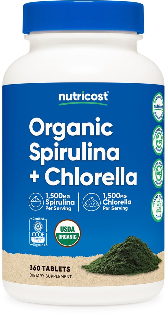 Nutricost Organic Spirulina + Chlorella (3 000mg) 360 tabletter - USDA Organic, 1500mg Spirulina, 1500mg Chlorella, Vegan, GMO-Free, Gluten-Free, 60 portioner