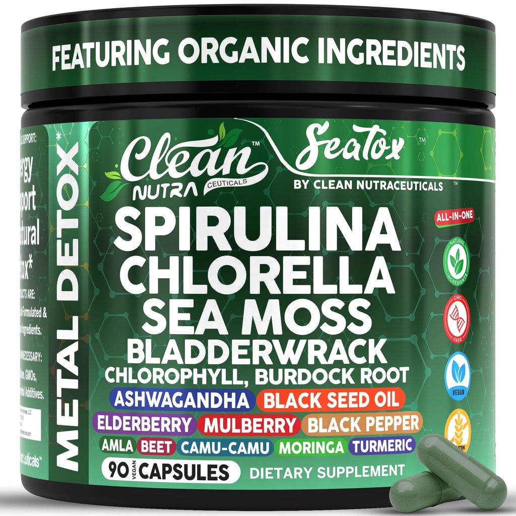 Sea Tox Organic Spirulina och Chlorella Capsules Natural Cleansing & Nourishment Sea Moss Bladderwrack Chlorophyll Burdock Root Ashwagandha Turmeric 90 Vegan Black Seed Oil Capsules By Clean Nutra