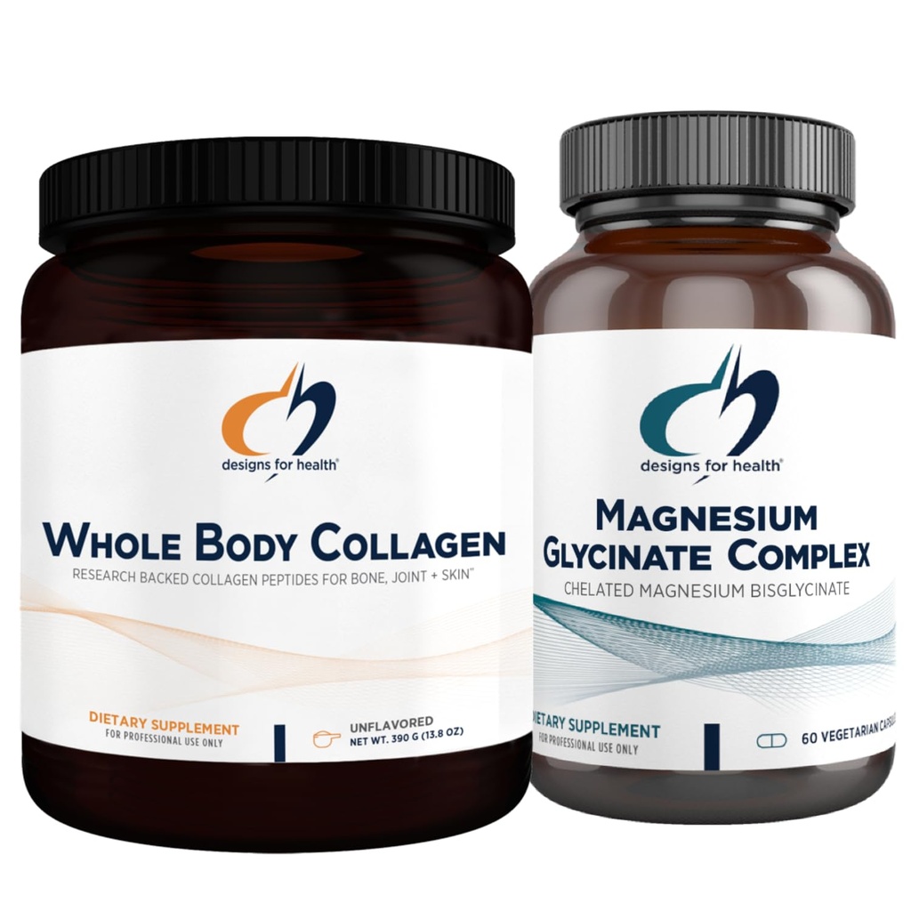 Designs for Health Magnesium Glycinate Complex (60 kapslar) & Whole Body Collagen (30 portioner) Bundle - High Absorption Magnesium med Premium Collagen Powder för att stödja ben, hud och gemensamma