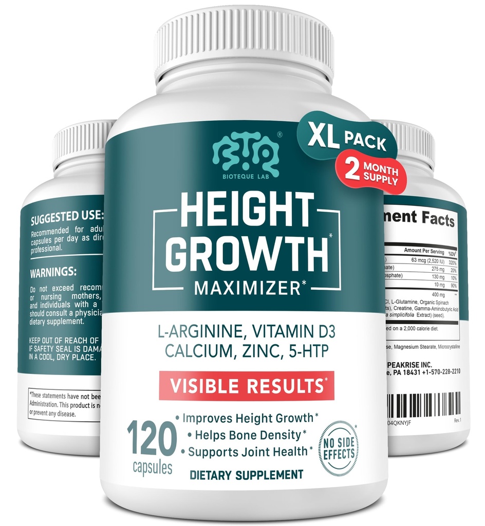 BIOTEQUELAB Height Growth Maximizer, Calcium, Vitamin D3 and Zinc Blend Pills, Bone Growth Supplement for Kids and Teens, Bone Strength, Density Support, GMO-Free, Gluten-Free, Made in USA, 120 Caps